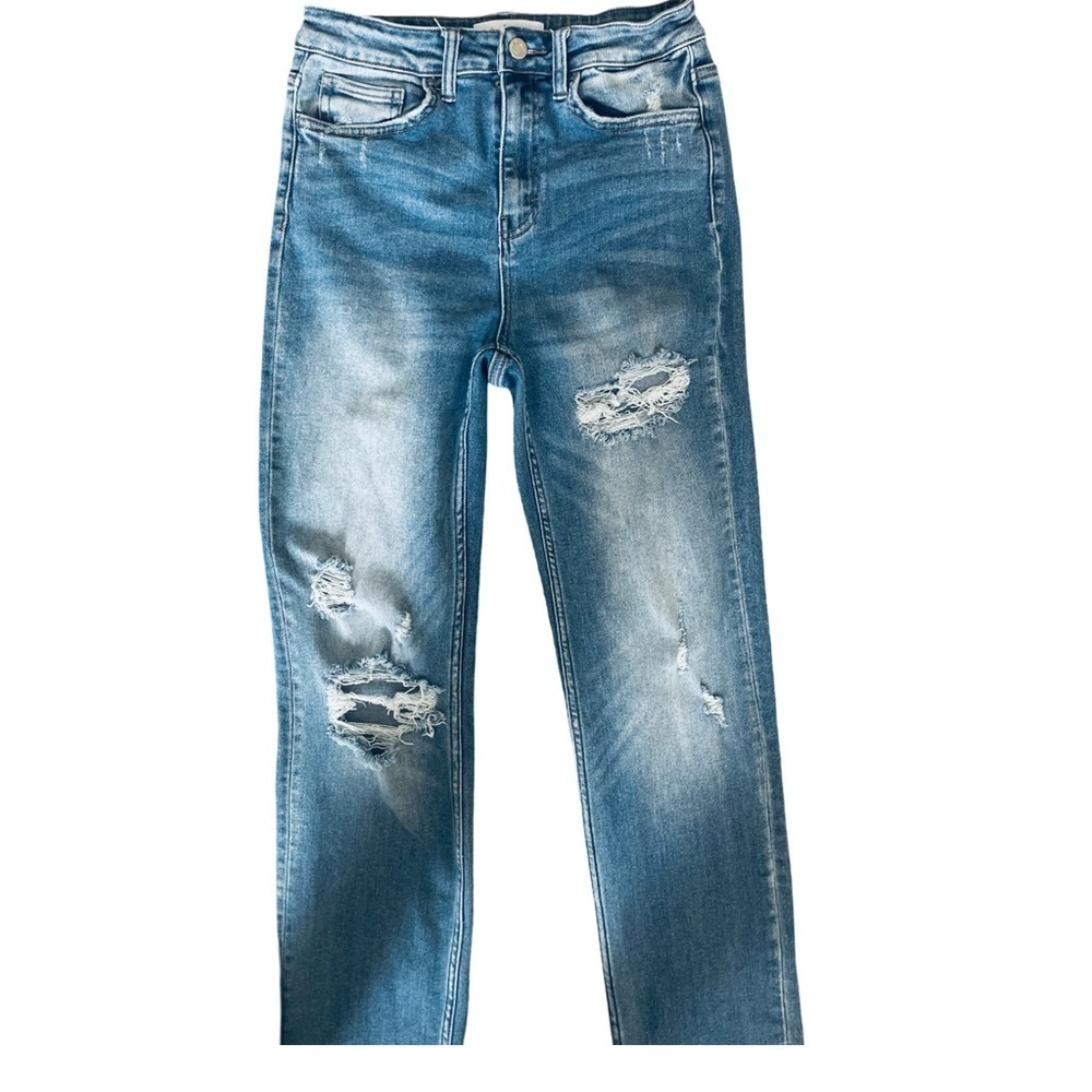 Vervet Mid-Rise Straight Leg Denim Blue Jeans with Distressed Details. Size 26